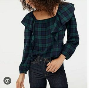 J. Crew Green and Blue Plaid Ruffle Cotton Long-Sleeve Top New with Tag Size XL